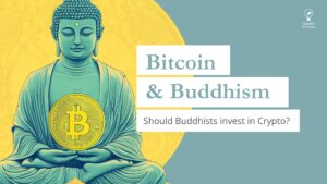 Buddha holding a bitcoin with the title "Bitcoin and Buddhism" and subtitle "Should Buddhists invest in crypto?"